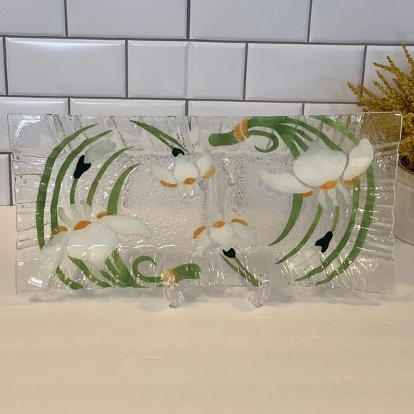 Vintage Sydenstricker Fused Glass Tray White Irises Ruffle Rim Large 16x7.5” - Picture 2 of 10